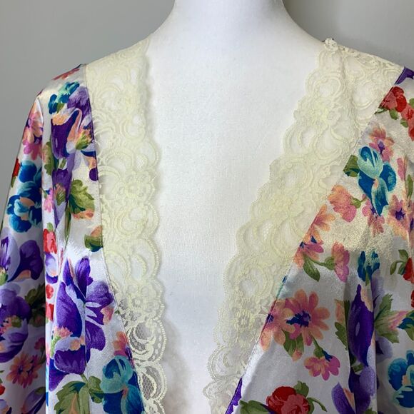Delicates Trad Wife Satin Floral‎ Lace Trimmed Satin Tie Pockets Robe Large - Picture 5 of 13